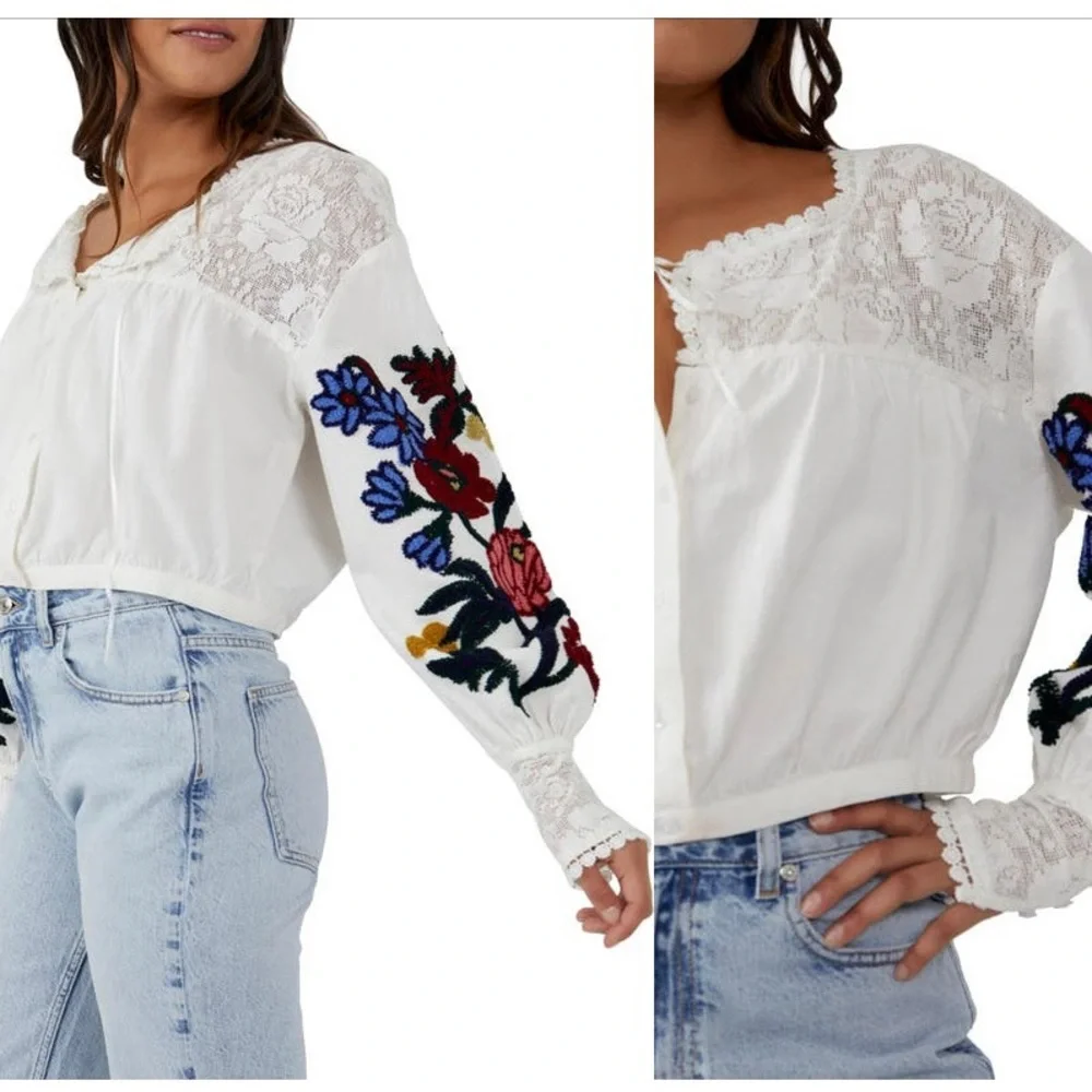 Free People Meadows Embroidered Cotton Long Sleeve Top